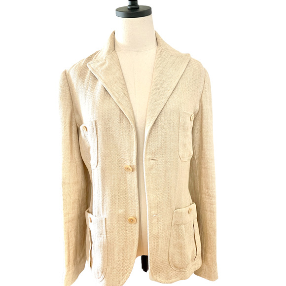 Vintage Ralph Lauren 100% LINEN Made in Italy Safari Blazer Jacket Tan 10 M - Picture 1 of 6